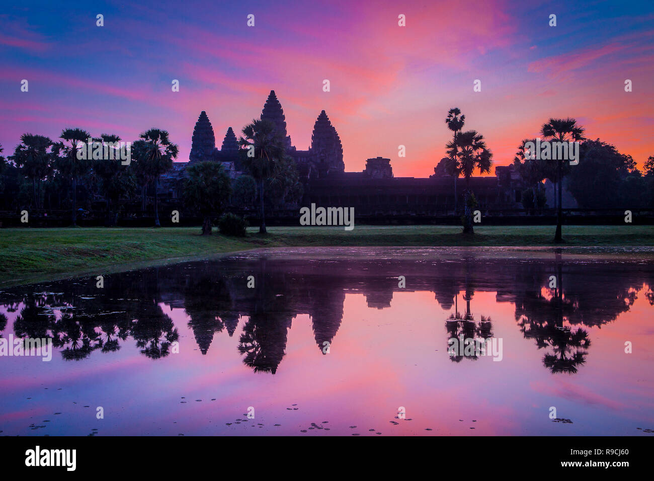 Lebendige bunte Sonnenaufgang über 12. jahrhundert alte buddhistische Tempelanlage Angkor Wat mit Teich Reflexion in Siem Reap, Kambodscha. Stockfoto