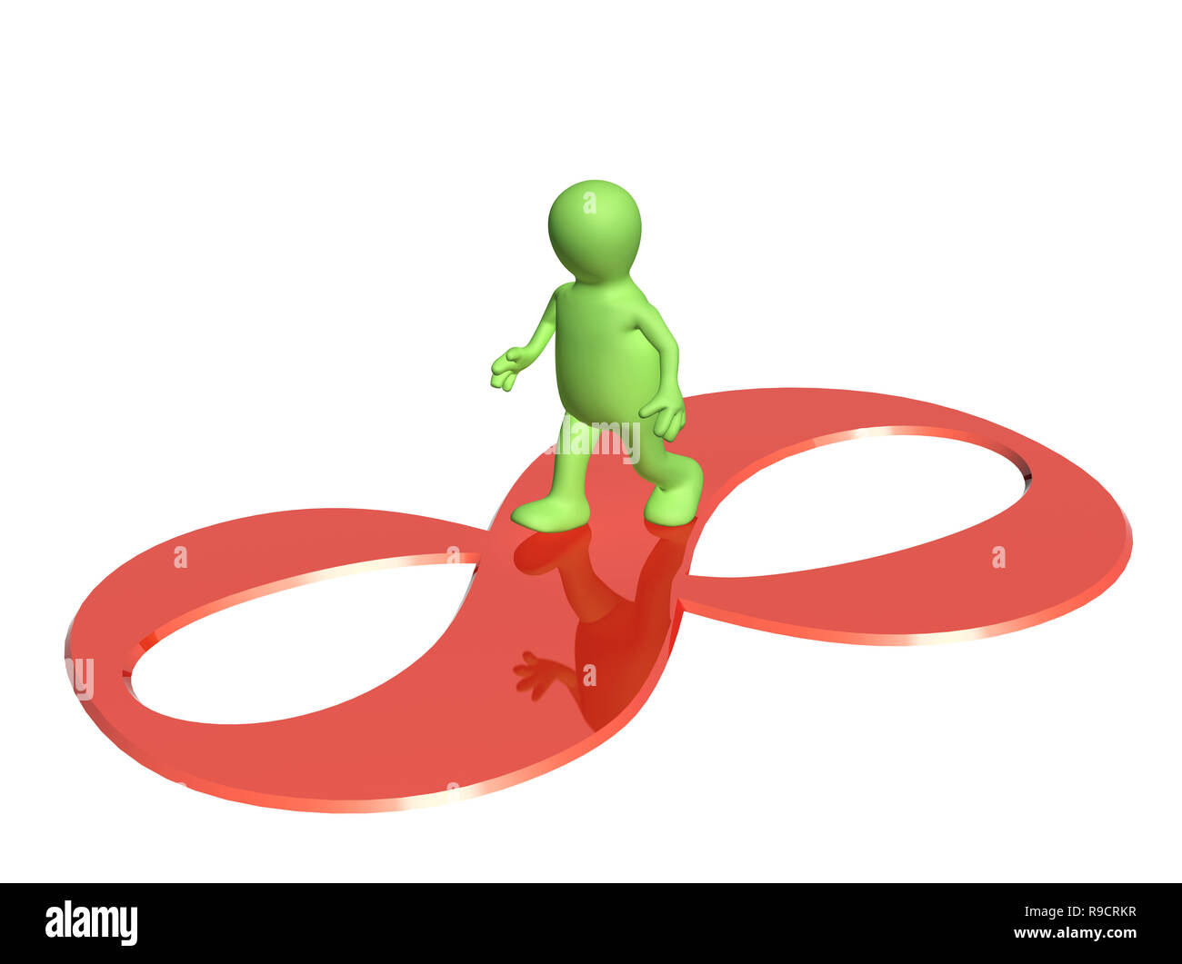 3d-Marionette, gehen auf ein Zeichen der Unendlichkeit. Auf weissem Hintergrund Stockfoto
