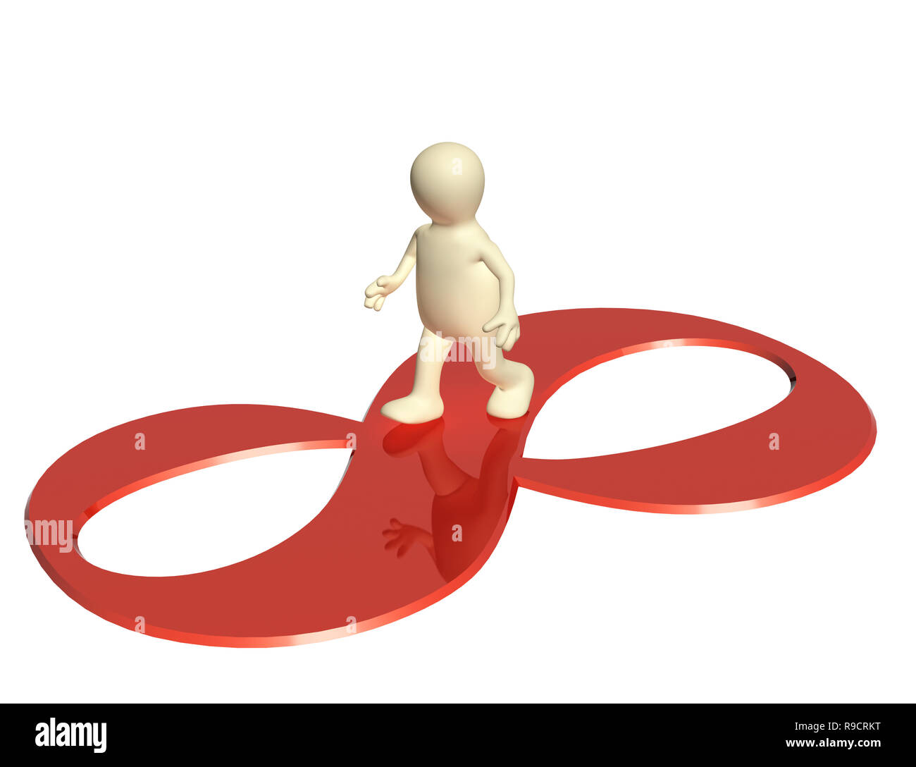 3d-Marionette, gehen auf ein Zeichen der Unendlichkeit. Auf weissem Hintergrund Stockfoto