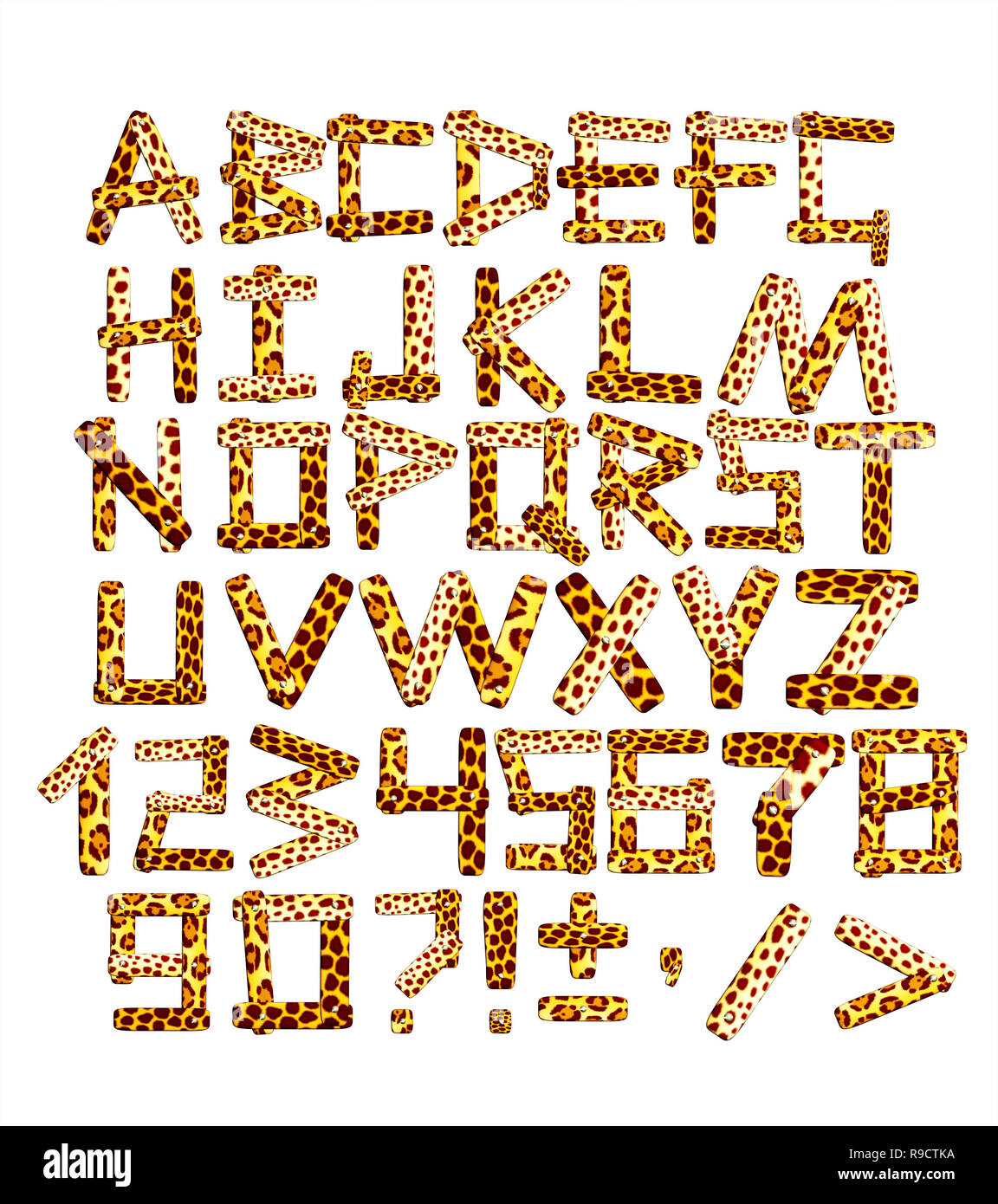 Alphabet in Safari Stil. Briefe mit tierischen Haut Texturen - Leopard, Jaguar, Cheetah. Auf weissem Hintergrund Stockfoto