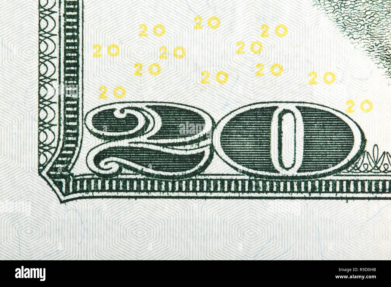 Nummer 20. Fragment der US-Banknoten zu 20, extreme Makro Foto. Stockfoto