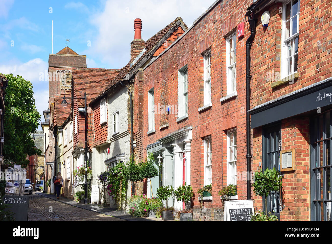 Kopfsteinpflaster und Periode Häuser, Lombard Street, Petworth, West Sussex, England, Vereinigtes Königreich Stockfoto