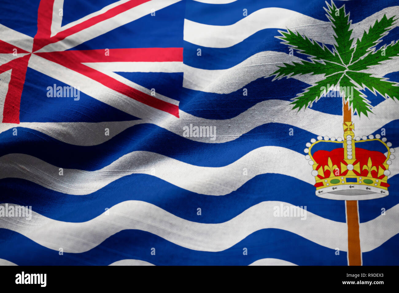 Nahaufnahme von gekräuselten Britisches Territorium im Indischen Ozean Flagge, Britisches Territorium im Indischen Ozean Flagge weht im Wind Stockfoto