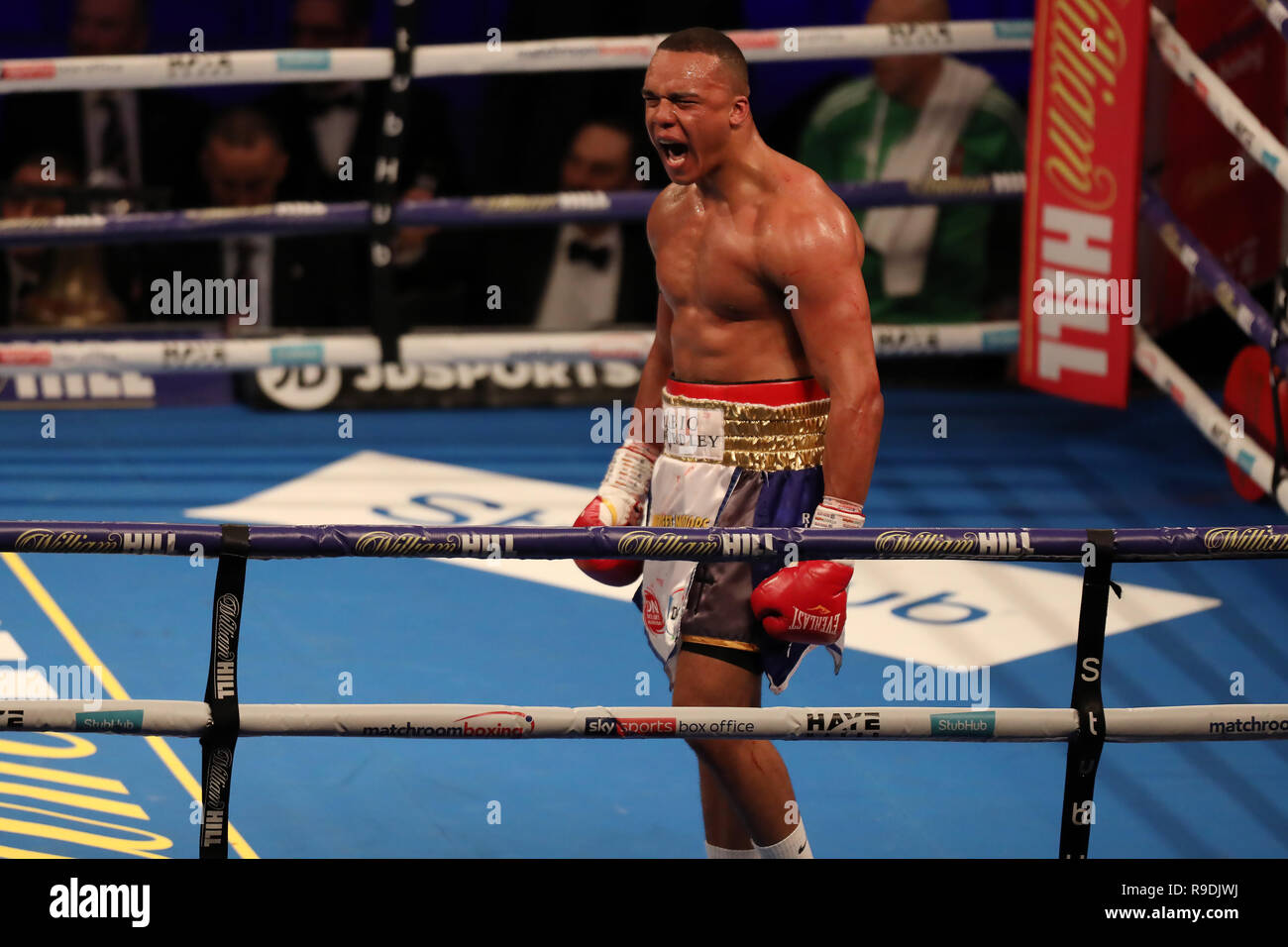 London, Großbritannien. 22. Dez 2018. WBC Silber und WOB Internationale Heavyweight Championship Boxing, Dillian Whyte gegen Dereck Chisora; Undercard kämpfen, wie Fabio Wardley feiert die TKO Gewinnen gegen Phil Williams Quelle: Aktion Plus Sport Bilder/Alamy leben Nachrichten Stockfoto