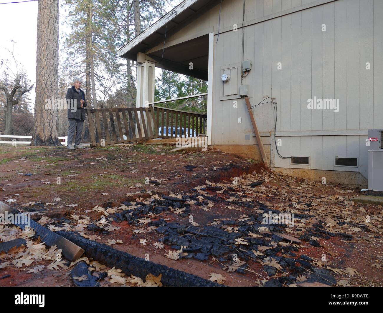 Paradise, USA. 19 Dez, 2018. Pat Mortensen steht vor ihrem Haus, das ist eines der wenigen Häuser, die nicht niedergebrannt haben. Haus der Tochter brannte in der Nähe. Sechs Wochen nach der Flamme Inferno, der Ausnahmezustand noch vorherrscht. (Dpa' Kreuze, Asche und hoffe - Paradies gibt nicht auf, nach Feuerinferno" vom 23.12.2018) Credit: Barbara Munker/dpa/Alamy leben Nachrichten Stockfoto