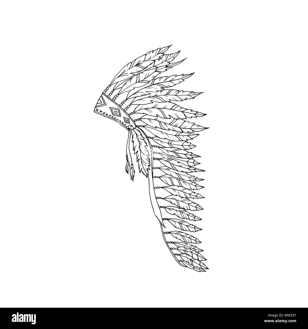 Amerikanische Warbonnet Umrisse zeichnen. Eagle Feather hat Färbung Seite Modeaccessoire. Indianische Kopfschmuck. Thanksgiving und Halloween Raster Kosten Stockfoto