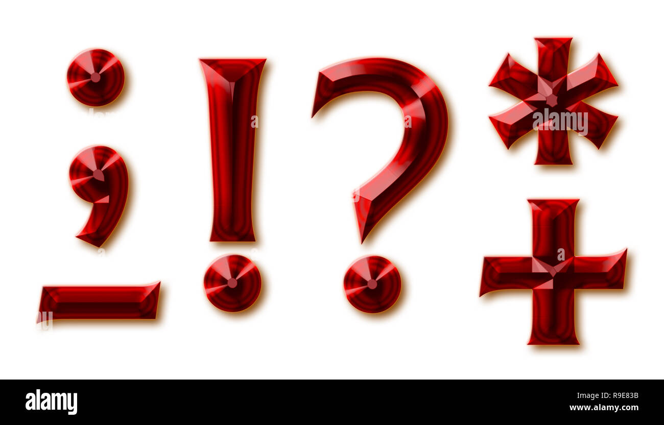 Satzzeichen von eleganten facettierte Rubin Alphabet, glänzenden Edelstein Buchstaben, Zahlen und Sonderzeichen Stockfoto
