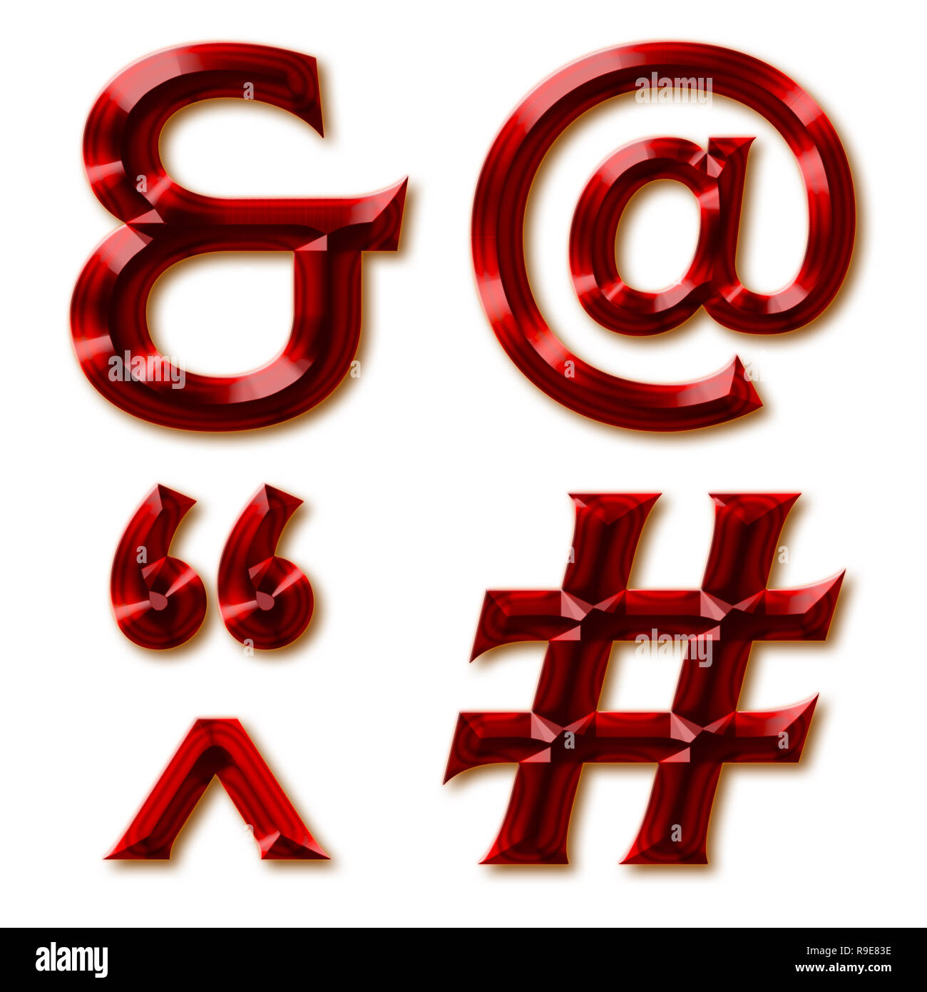 Satzzeichen von eleganten facettierte Rubin Alphabet, glänzenden Edelstein Buchstaben, Zahlen und Sonderzeichen Stockfoto
