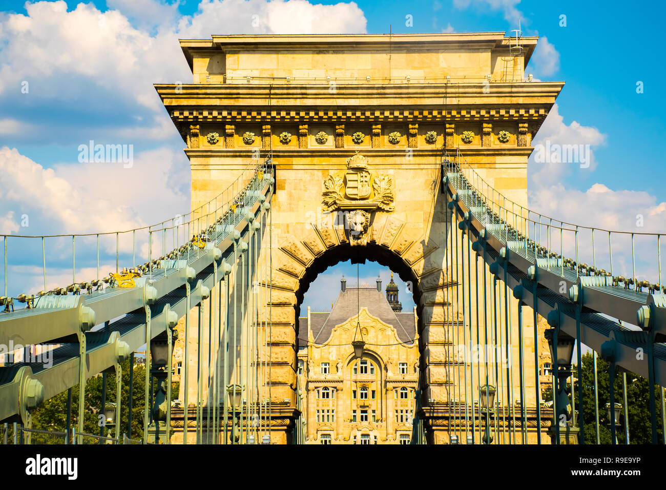 Schönen typischen Széchenyi Kettenbrücke, Sehenswürdigkeiten in Budapest, Ungarn Stockfoto