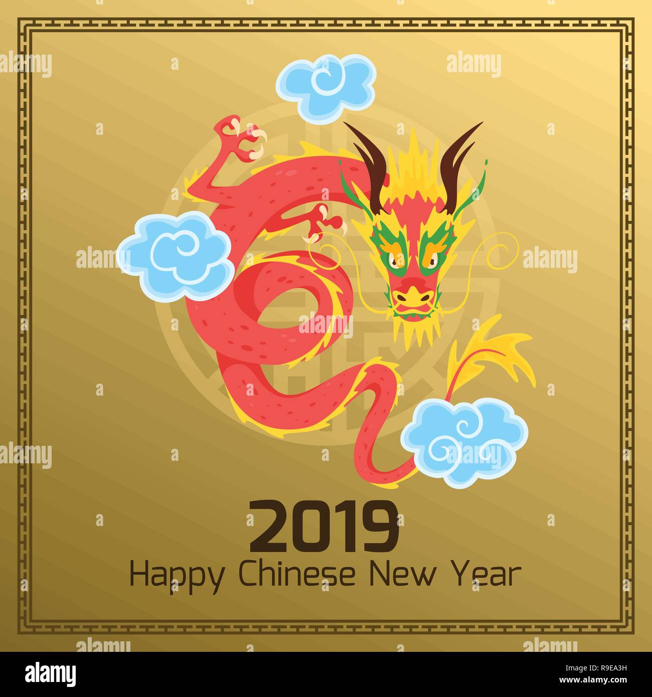 Chinesisch 2019 Neues Jahr Banner oder Karte mit roten traditionellen asiatischen Drachen Charakter und Wolken. Goldener Hintergrund. Vector Illustration. Platz compositio Stock Vektor