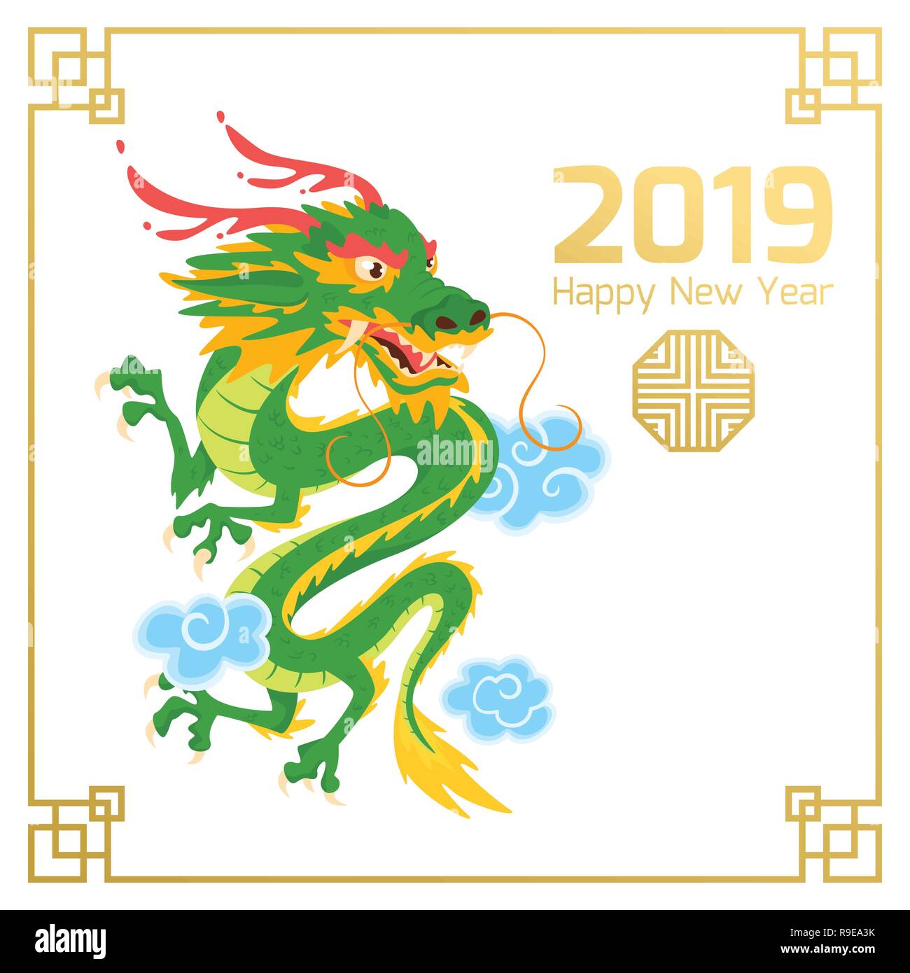 Chinesisch 2019 Neues Jahr Banner oder grüne Karte mit traditionellen asiatischen Drachen Charakter und Wolken. Weißer Hintergrund. Vector Illustration. Platz compositi Stock Vektor