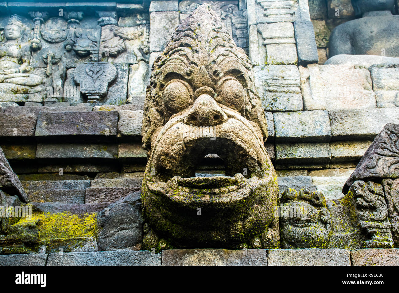 Alte Mauer der Buddhistischen Tempelanlage Borobudur, Yogyakarta, Jawa, Indonesien Stockfoto