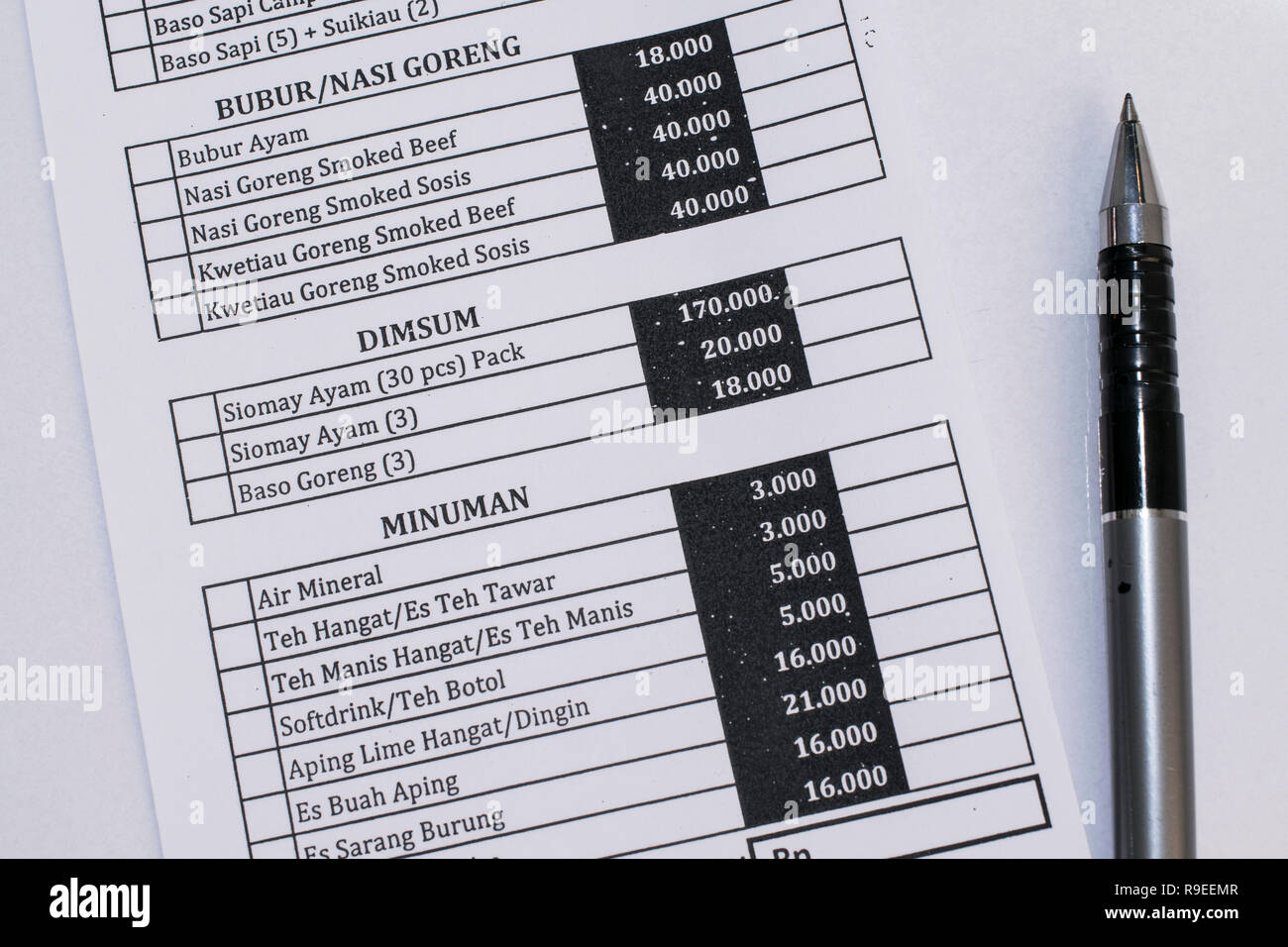 6.16, Menü Bestellformular, IndonesianBook Stockfoto