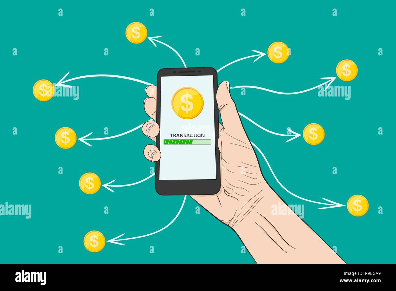 Geld senden mit einem Smartphone. Vector Illustration. Geld senden, konzeptionelle Banner. Stock Vektor