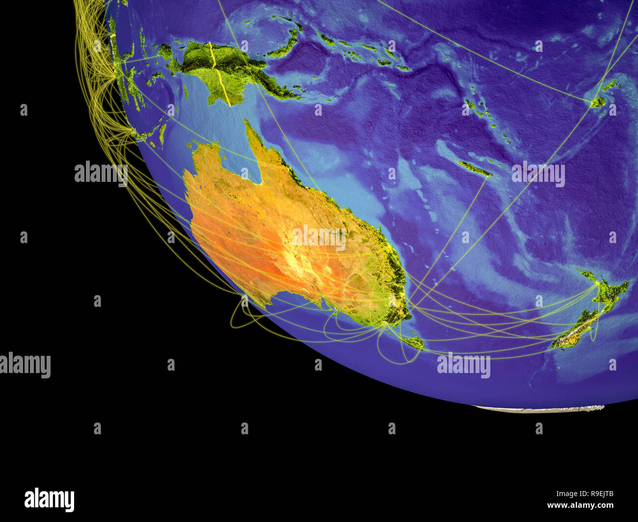 Australien aus dem Weltraum mit sichtbarer Landesgrenzen und globale Verbindungen, Kommunikation oder Flugreisen. 3D-Darstellung. Elemente dieser i Stockfoto