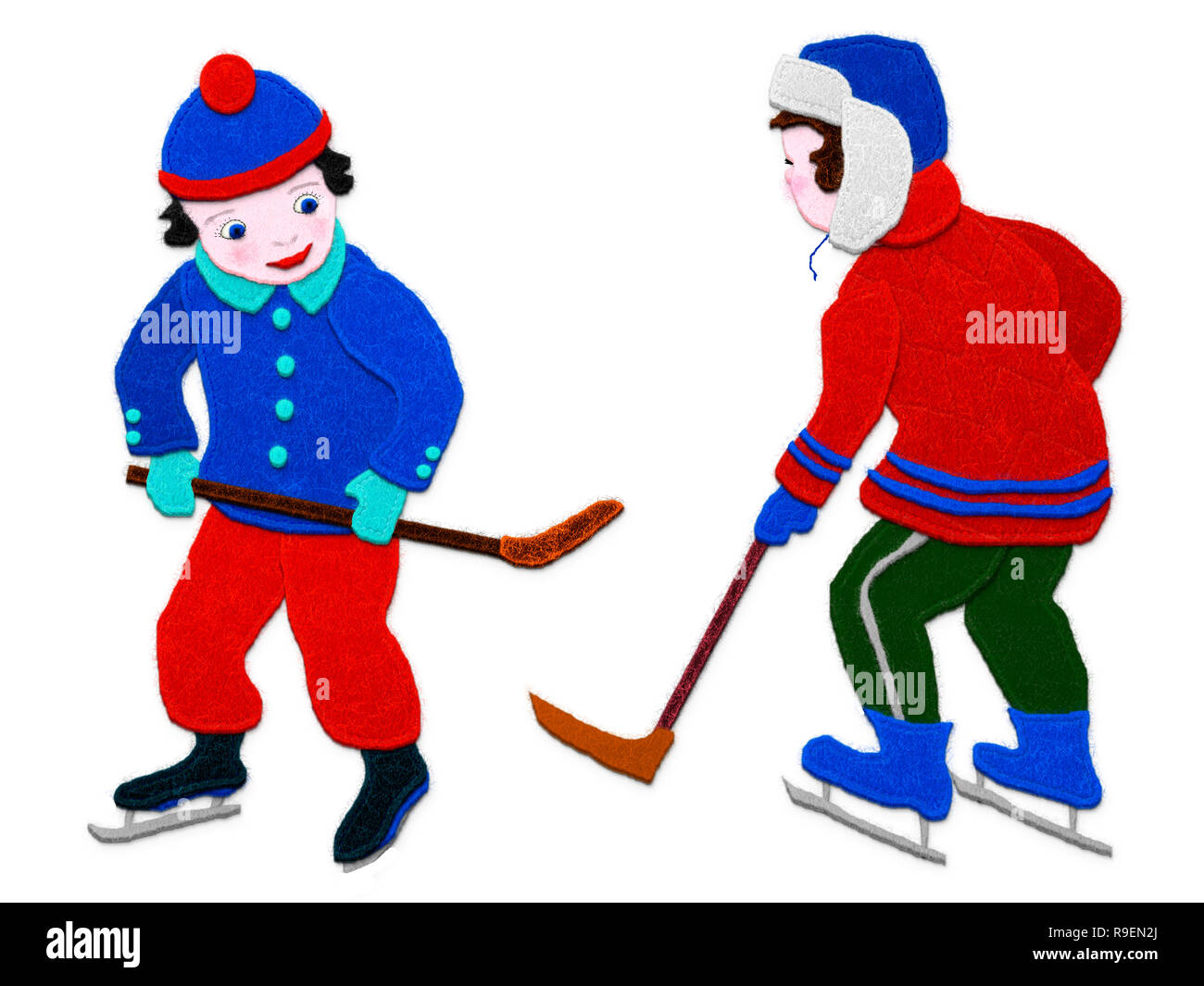 Hockey Jungen. auf weißem Hintergrund. Imitation von applique Gewebe. Stockfoto