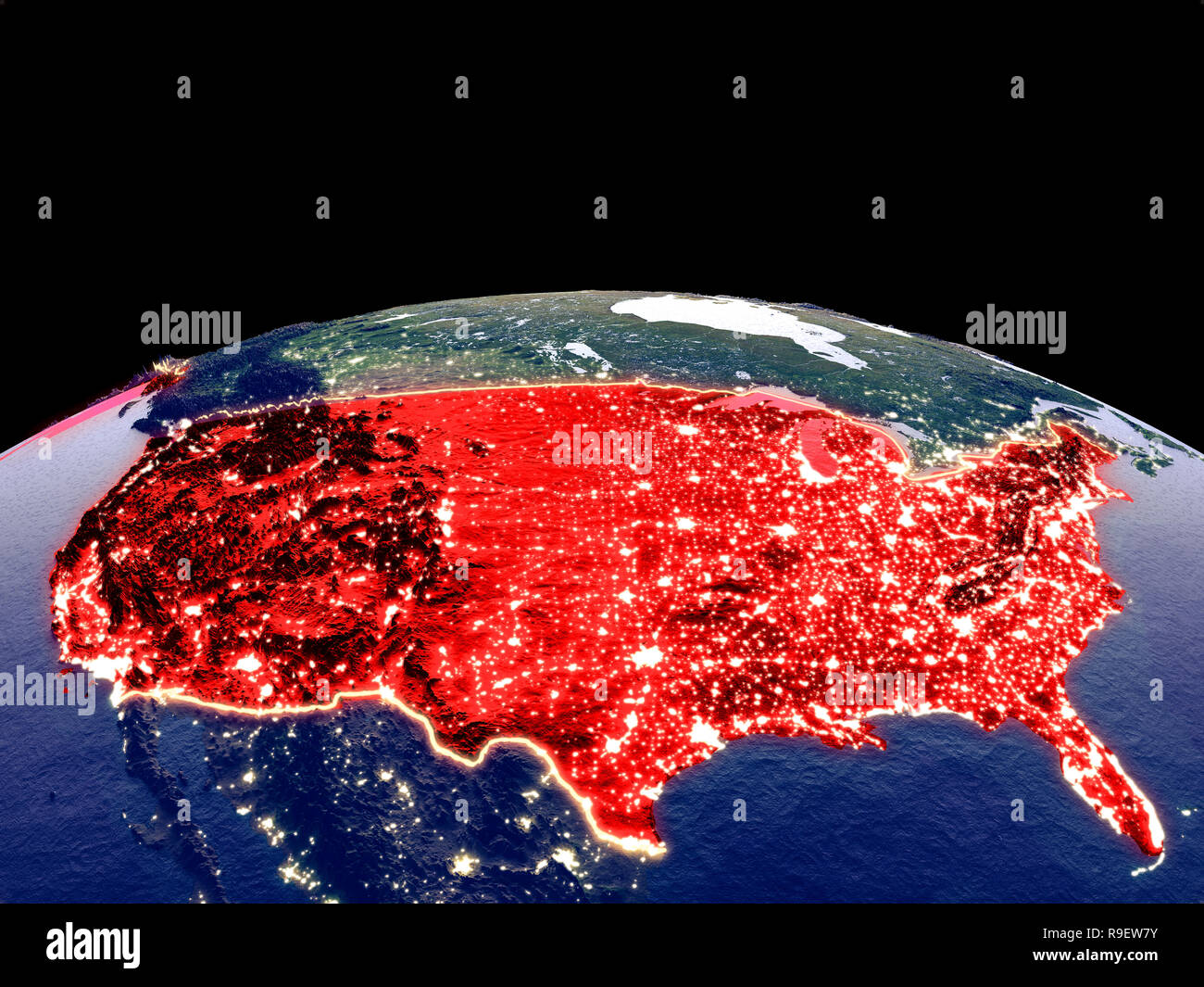 Vereinigte Staaten von Platz auf dem Planeten Erde bei Nacht mit hellen Lichter der Stadt. Detaillierte Plastic Planet Oberfläche mit echten Berge. 3D-Darstellung. Eleme Stockfoto