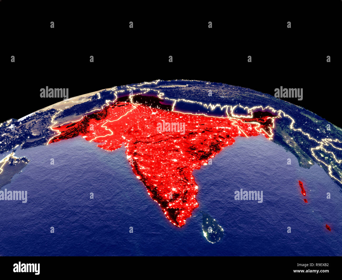 Britisch Indien aus dem Weltraum auf dem Planeten Erde bei Nacht mit hellen Lichter der Stadt. Detaillierte Plastic Planet Oberfläche mit echten Berge. 3D-Darstellung. Eleme Stockfoto