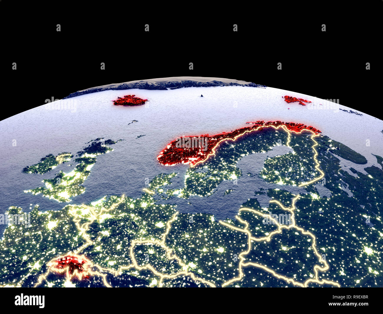 EFTA-Länder aus dem Weltraum auf dem Planeten Erde bei Nacht mit hellen Lichter der Stadt. Detaillierte Plastic Planet Oberfläche mit echten Berge. 3D-Darstellung. Elem Stockfoto