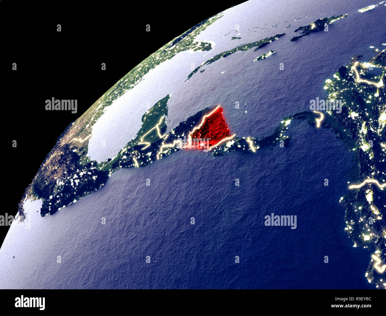Satellitenansicht von Nicaragua auf der Erde mit den Lichtern der Stadt. Extrem detaillierte Plastic Planet Oberfläche mit echten Berge. 3D-Darstellung. Elemente der Thi Stockfoto