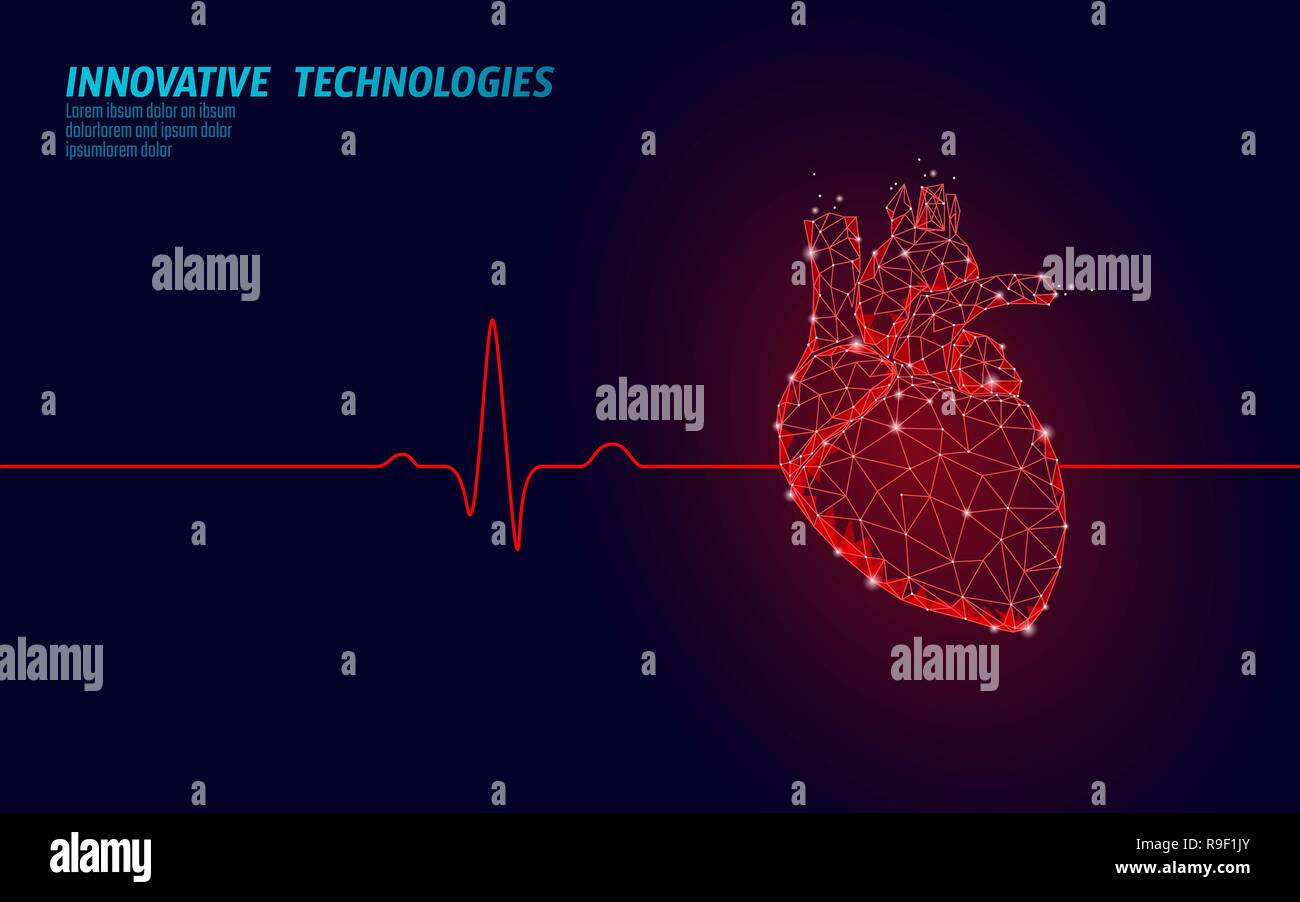 Gesunde menschliche Herz schlägt 3d Medizin Modell Low Poly. Dreieck verbunden Punkte leuchten Punkt roten Hintergrund. Pulse interne Stelle moderne anatomische Form innovative Technik render Vector Illustration Stock Vektor