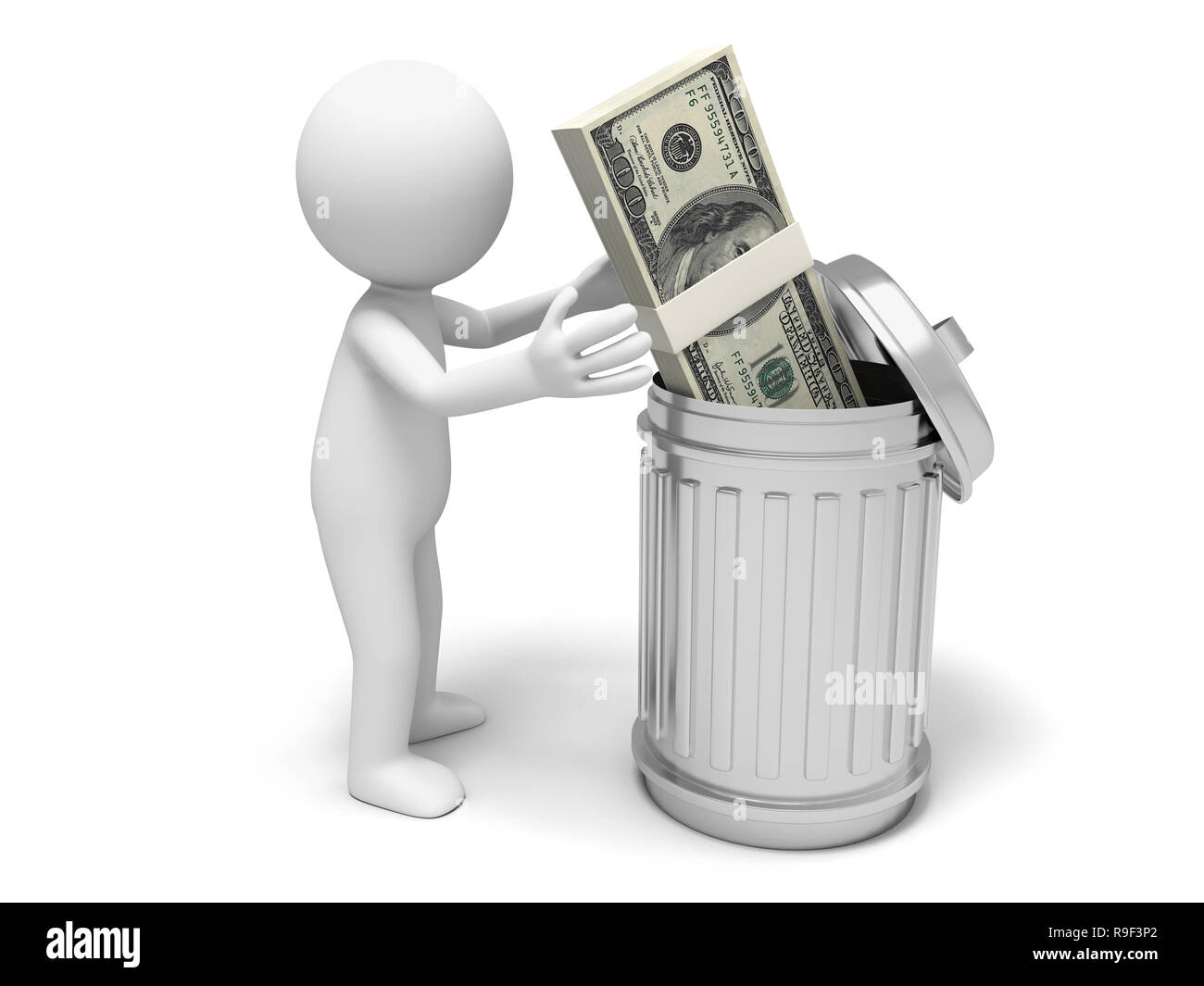 Dollar, Mülleimer, ein Mann, der ein Bündel von Dollar zu einem Mülleimer werfen Stockfoto