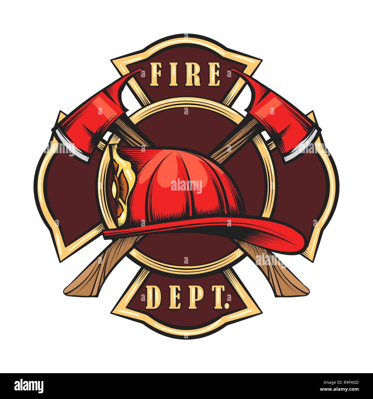 Feuerwehr Emblem mit Roten Helm und Achsen. Feuerwehrmann Abzeichen in Gravur Stil gezeichnet. Vector Illustration Stock Vektor