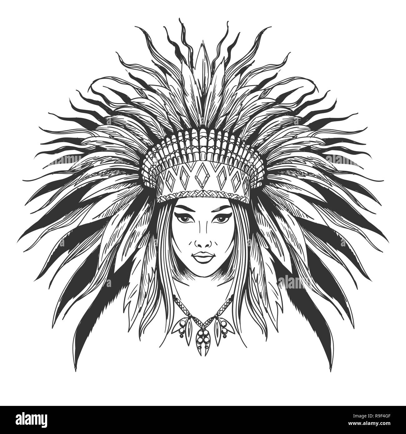 Hand indische Mädchen in Federn War bonnet gezeichnet. Vector Illustration. Stock Vektor