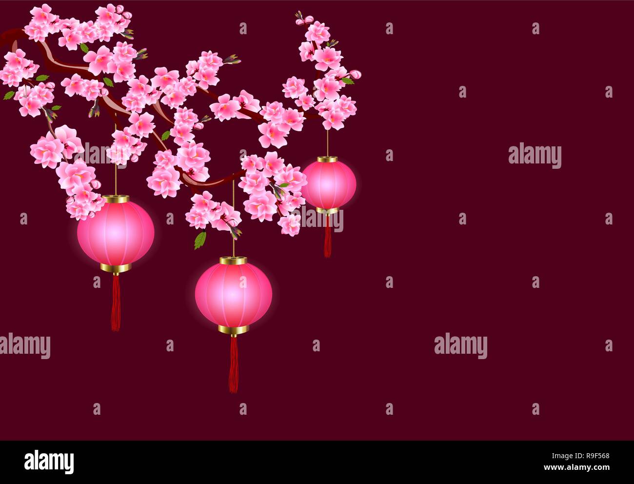 Das chinesische Neujahr. Sakura und lila Laternen. Cherry Blumen mit Knospen und Blätter am Zweig. Der dunkle Hintergrund. Abbildung Stock Vektor