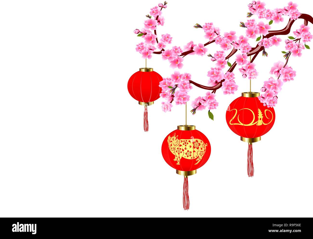Das chinesische Neujahr. Sakura und roten Laternen mit Bildern von einem Schwein. Cherry Blumen mit Knospen und Blätter am Zweig. Abbildung Stock Vektor