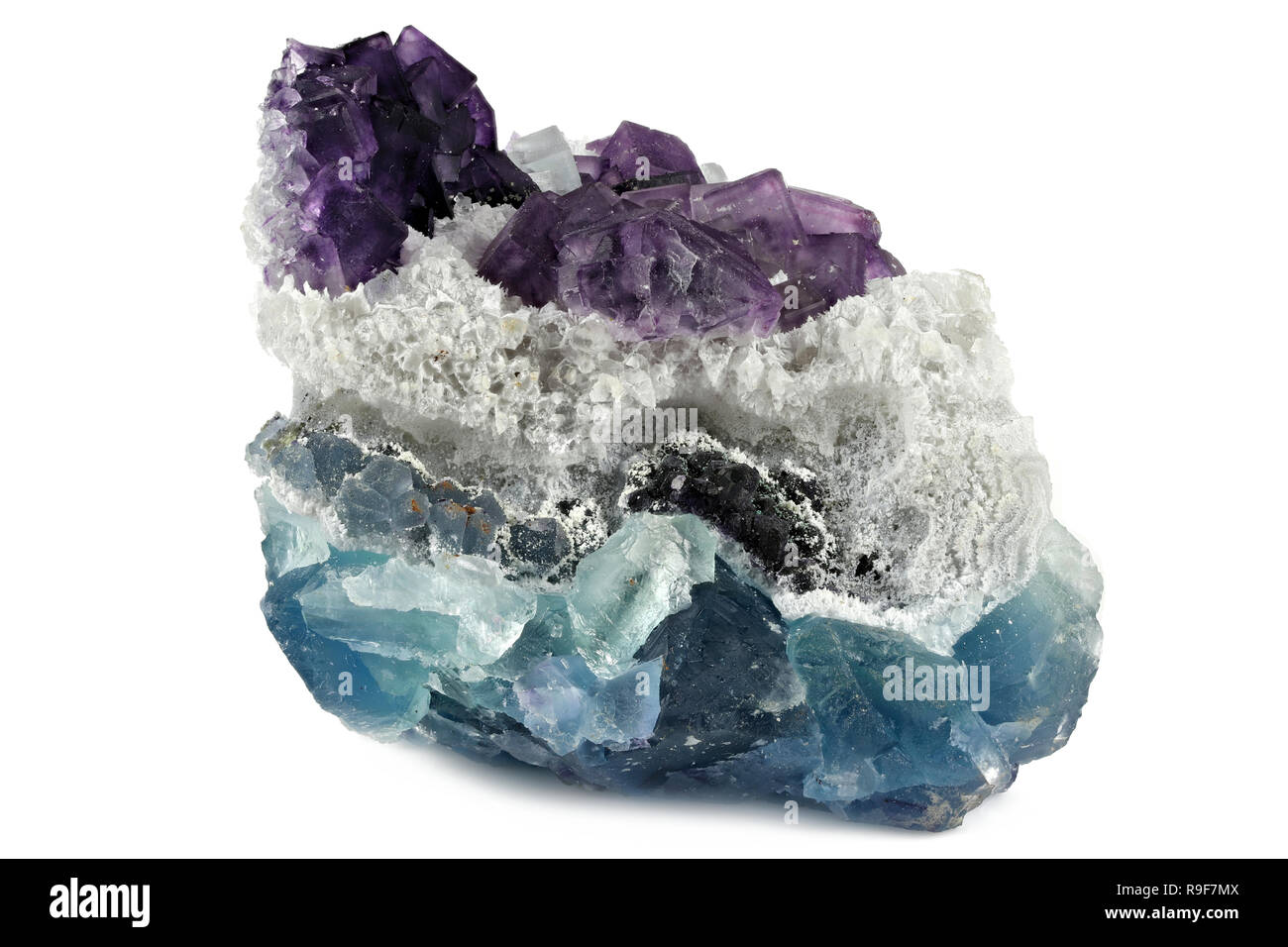 Natürliche lila/Blue Cube phantom Fluorit aus China isoliert auf weißem Hintergrund Stockfoto