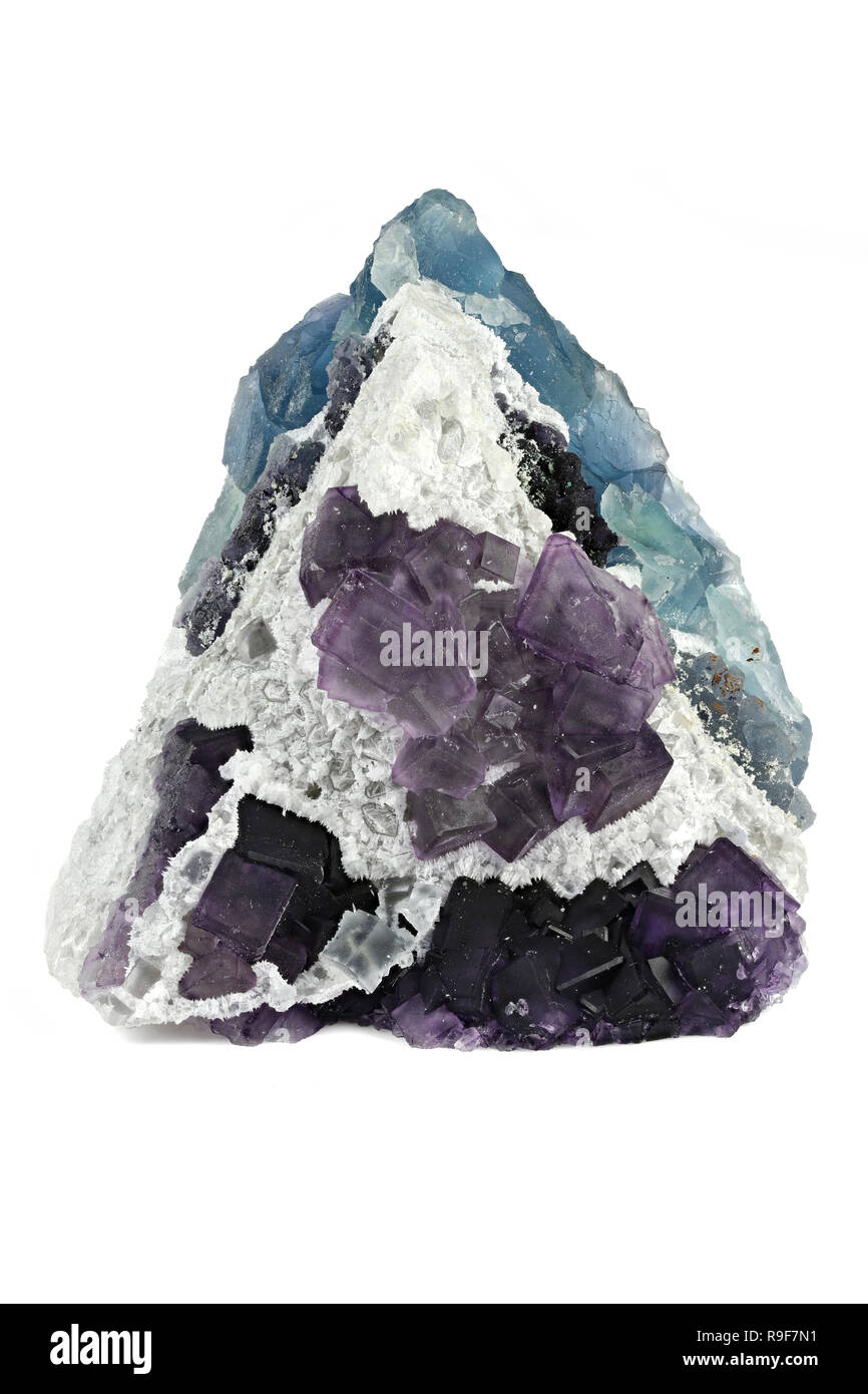 Natürliche lila/Blue Cube phantom Fluorit aus China isoliert auf weißem Hintergrund Stockfoto