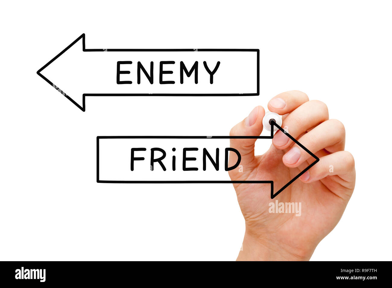 Handzeichnung Feind oder Freund Pfeile Konzept mit Marker auf Transparenten abwischen. Stockfoto