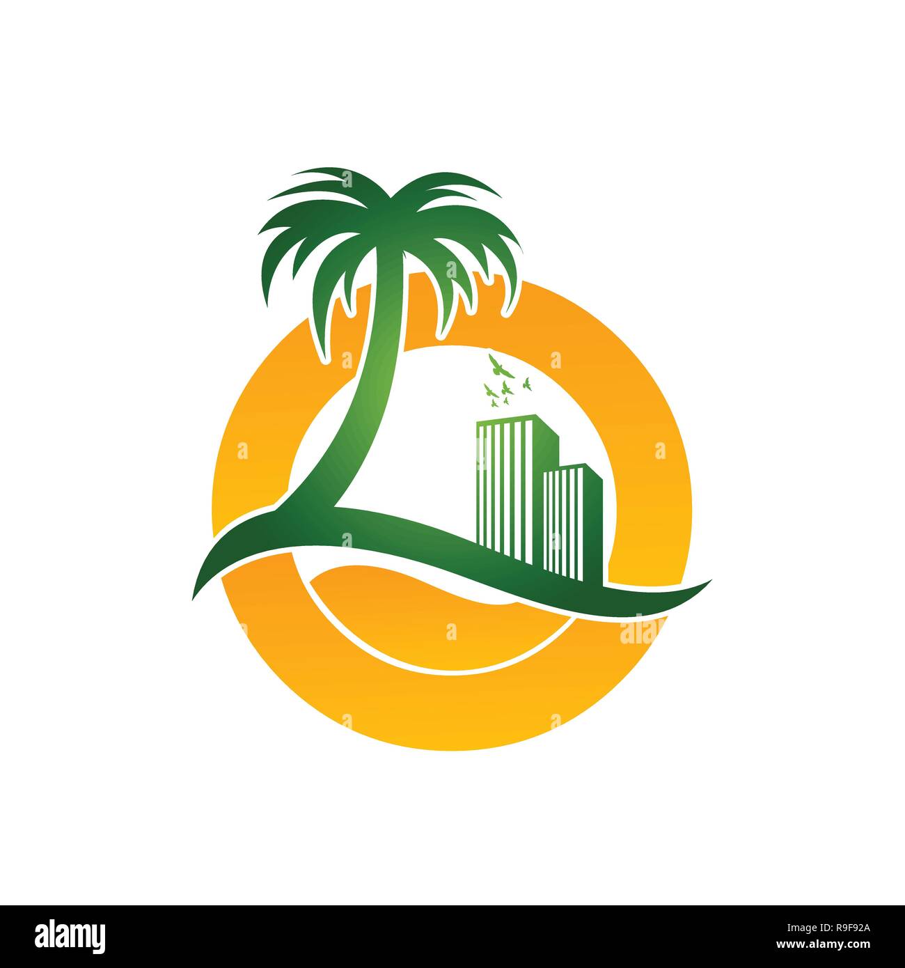Erleben Sie kleine Tropenparadies Immobilien-Vektor-Logo-Symbol Stock Vektor