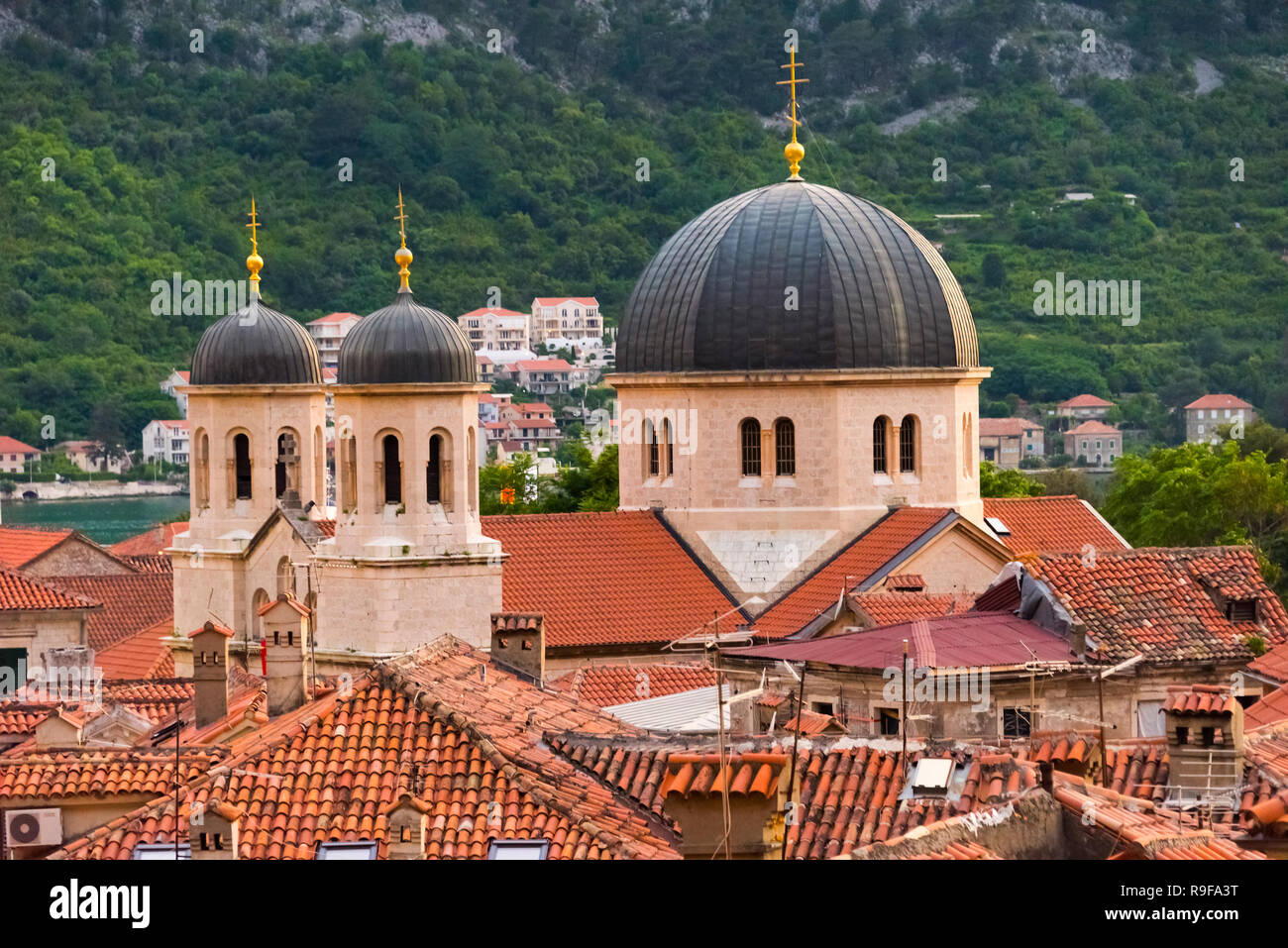 Serbisch-orthodoxe Kirche des Heiligen Nikolaus und roten Dach Häuser, Kotor, Montenegro Stockfoto