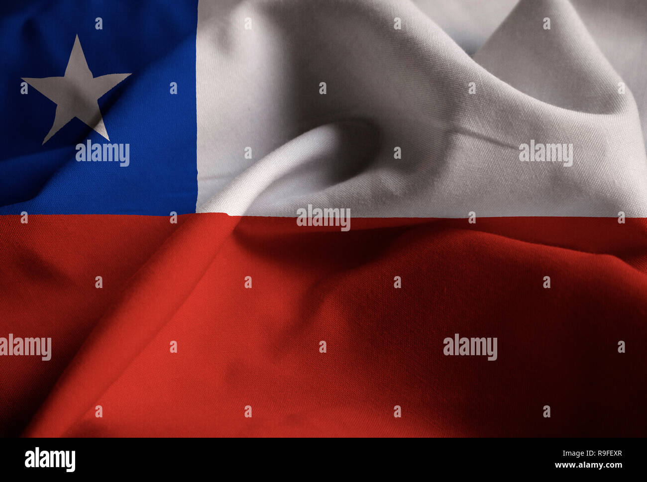Nahaufnahme von gekräuselten Chile Flagge Chile Flagge weht im Wind Stockfoto