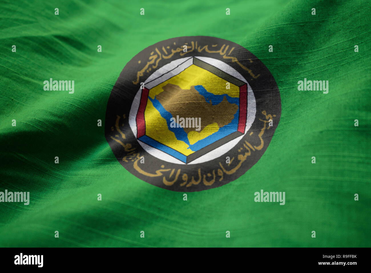 Nahaufnahme von gekräuselten Gulf Cooperation Council, GCC Flagge Flagge weht im Wind Stockfoto