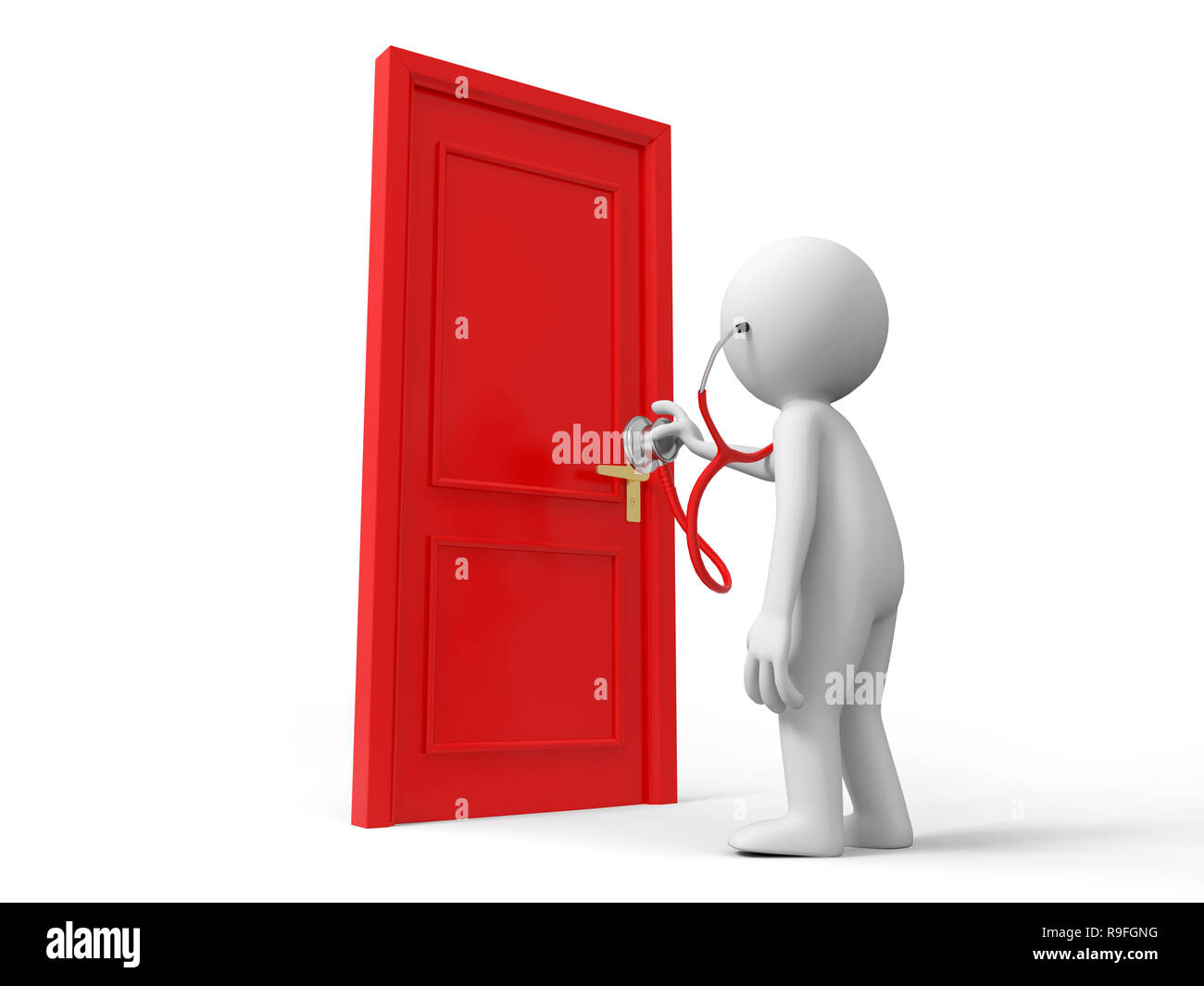 Tür, Stethoskop, eine Person hört auf die Tür mit einem Stethoskop Stockfoto