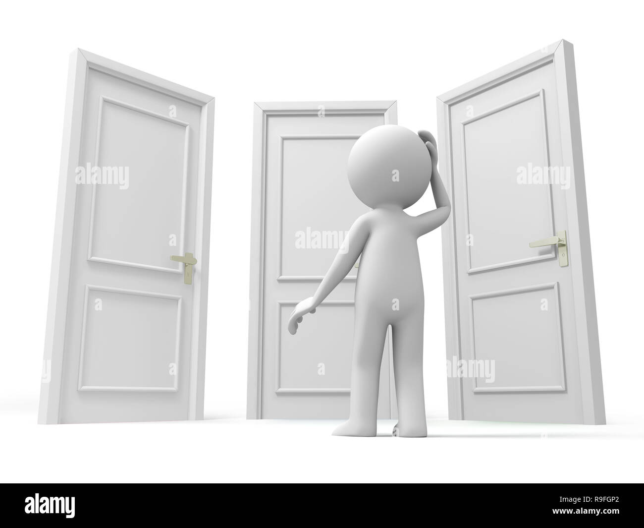 Tür, Auswählen, eine Person denken vor drei Türen. Stockfoto