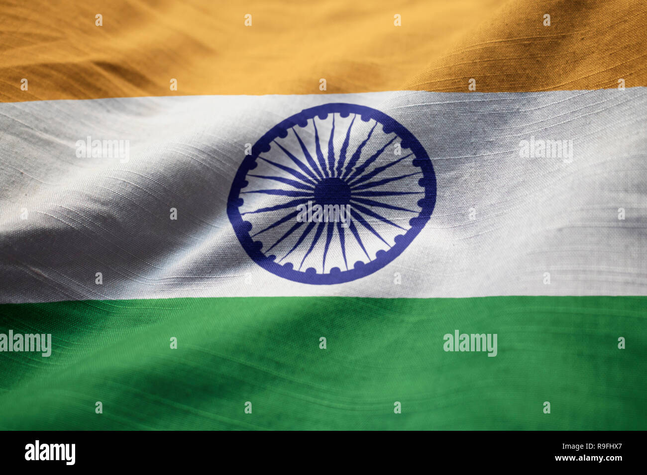 Nahaufnahme von gekräuselten Indien Flagge Indien Flagge weht im Wind Stockfoto