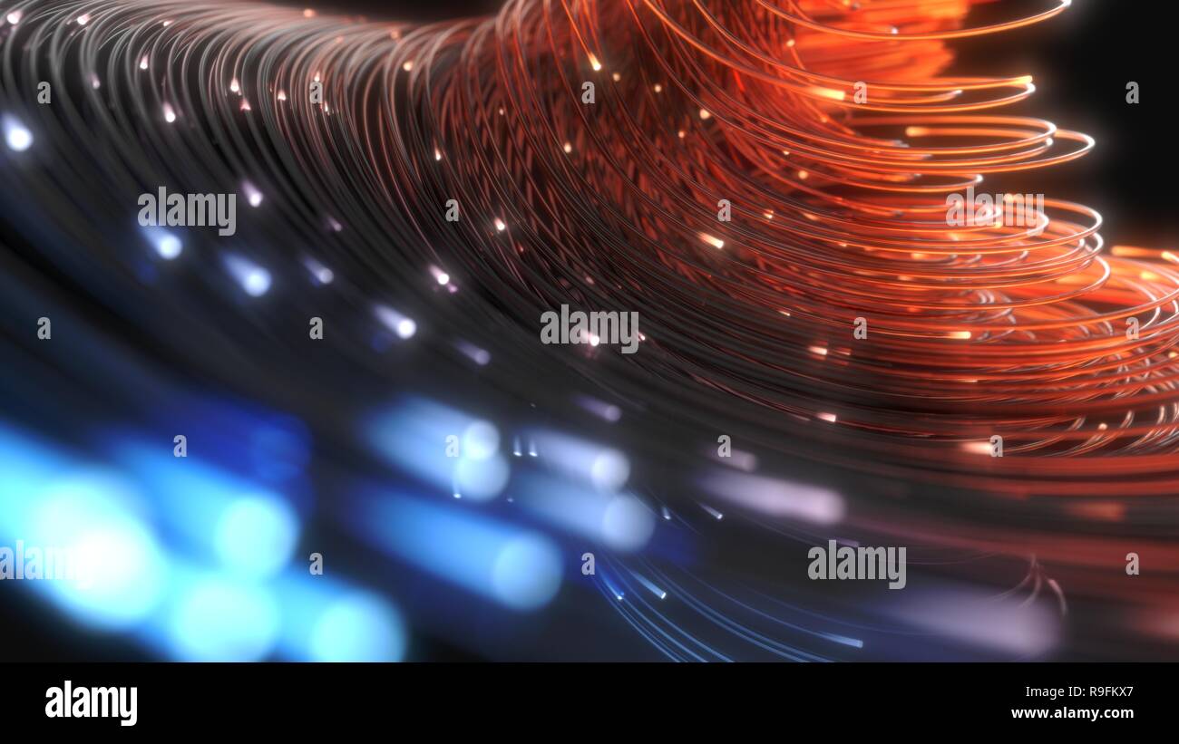 Blau und orange LWL-Zeichenfolgen in Dunkel. 3D-Darstellung Stockfoto