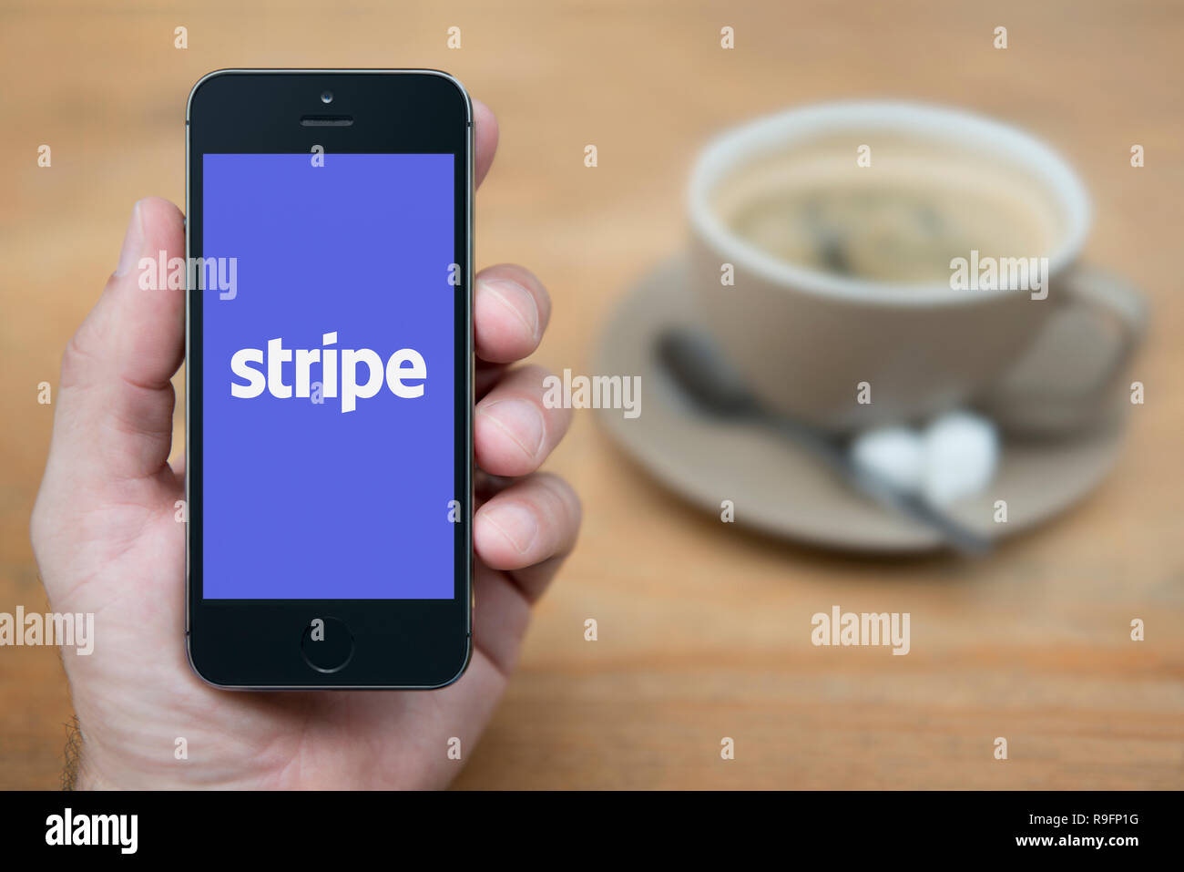 Ein Mann schaut auf seinem iPhone die zeigt die Stripe Logo (nur redaktionelle Nutzung). Stockfoto