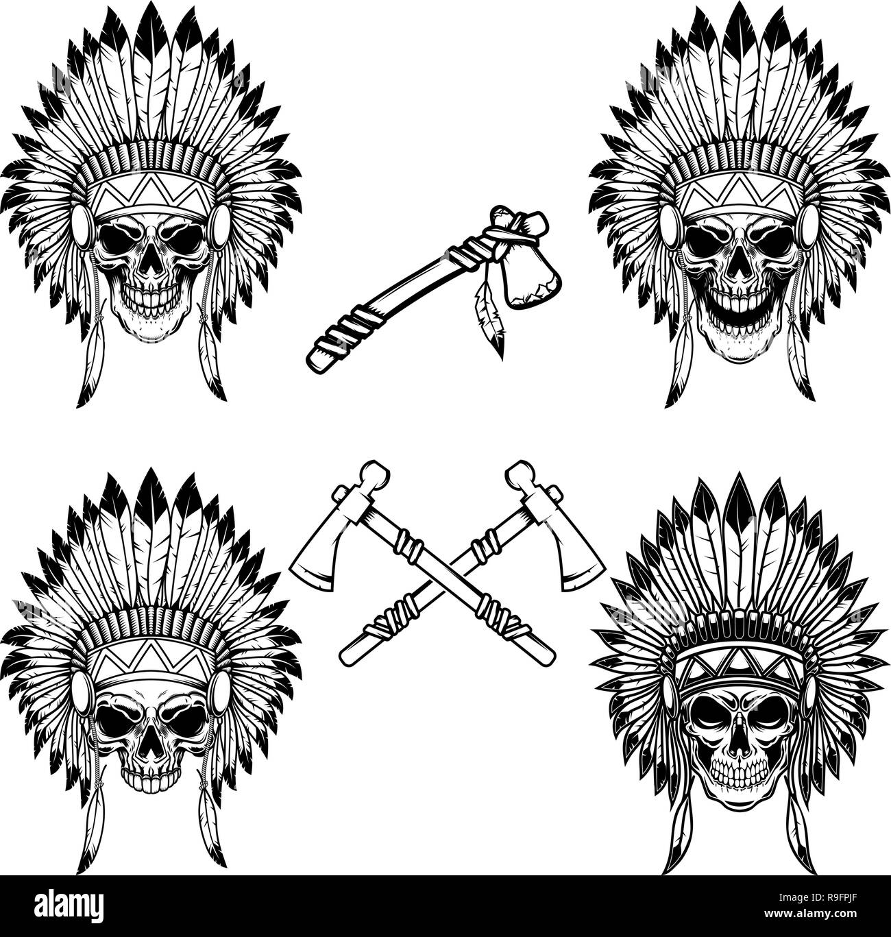 Native Indian Chief Totenkopf mit gekreuzten tomahawks. Design Element für Logo, Label, Emblem, sign. Vector Illustration Stock Vektor