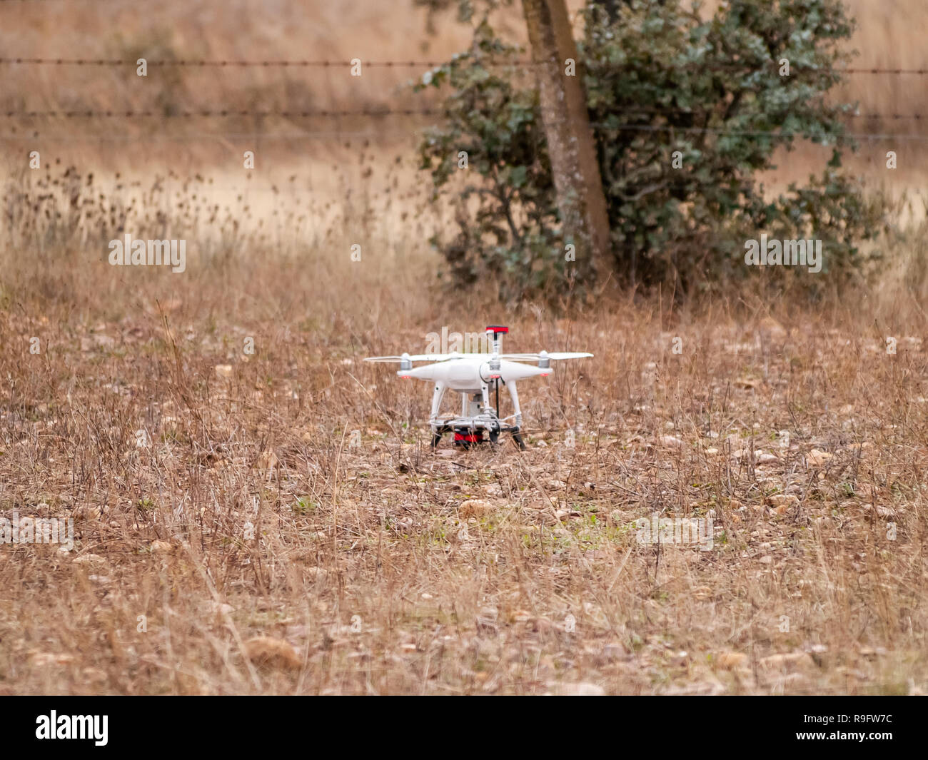 Eine Drohne auf dem Boden in einem Wald im Herbst Stockfoto