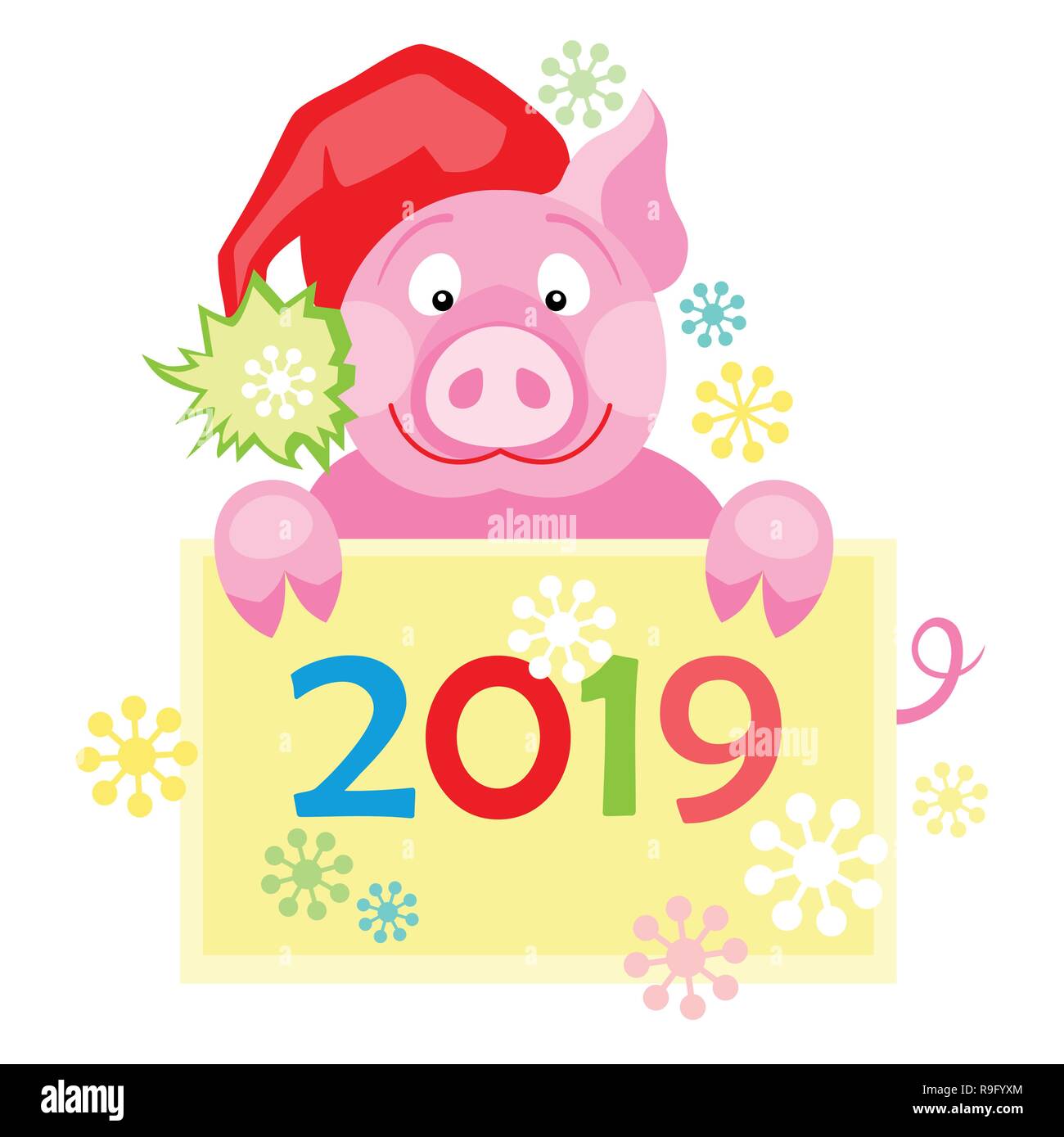 Neues Jahr 2019 Karte mit niedlichen Schwein. Symbol für das Jahr im chinesischen Kalender Stock Vektor