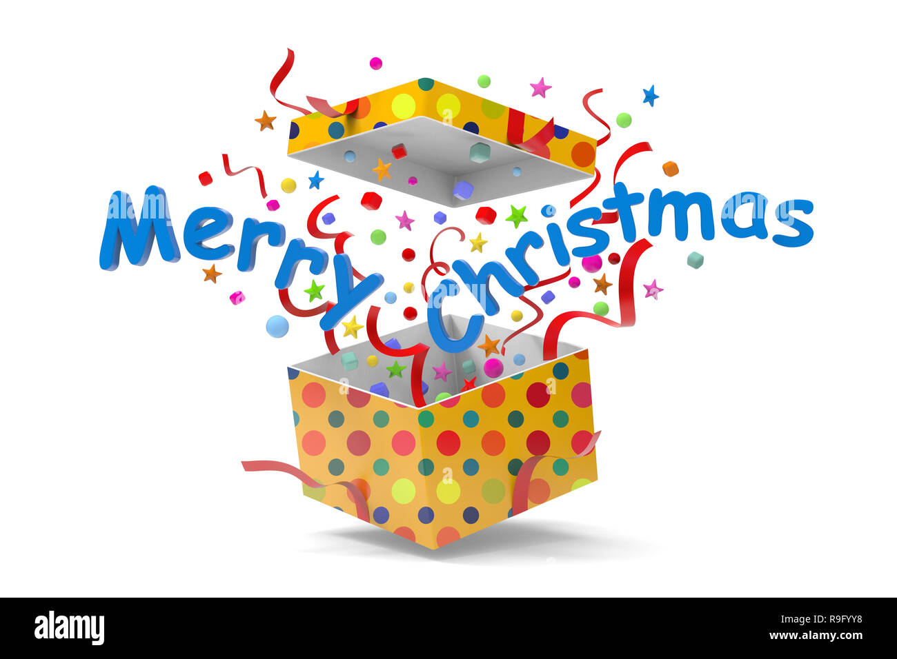 3D-Modell der Frohe Weihnachten Symbol aus, die aus einem Geschenkkarton auf weißem Hintergrund Stockfoto