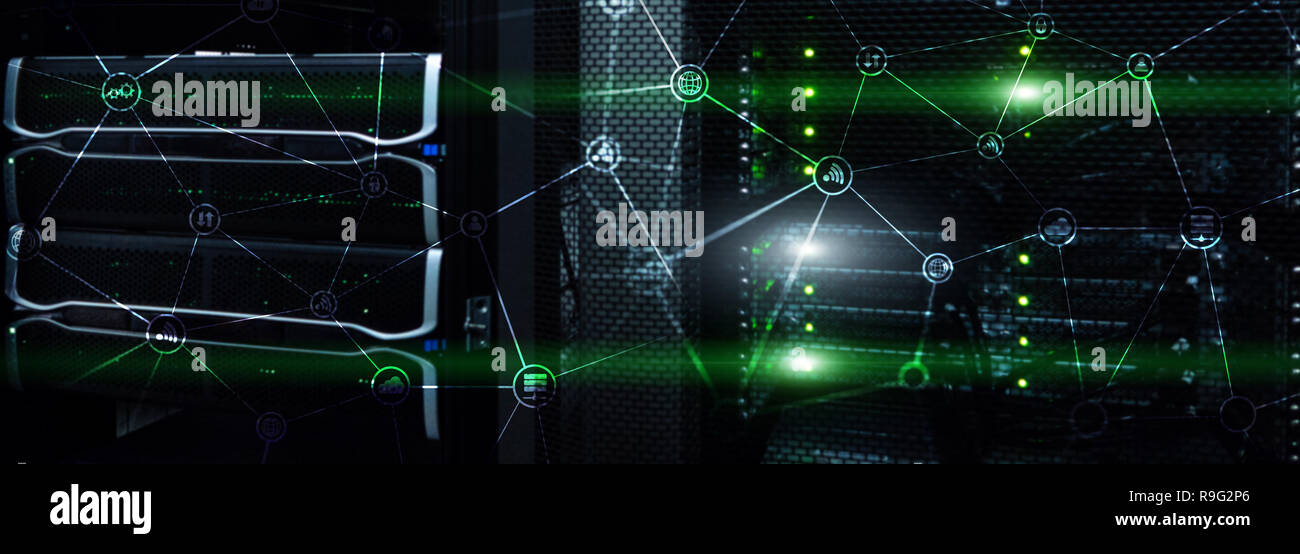 Tk-Konzept mit abstrakten Netzwerkstruktur und Serverraum Hintergrund. Stockfoto