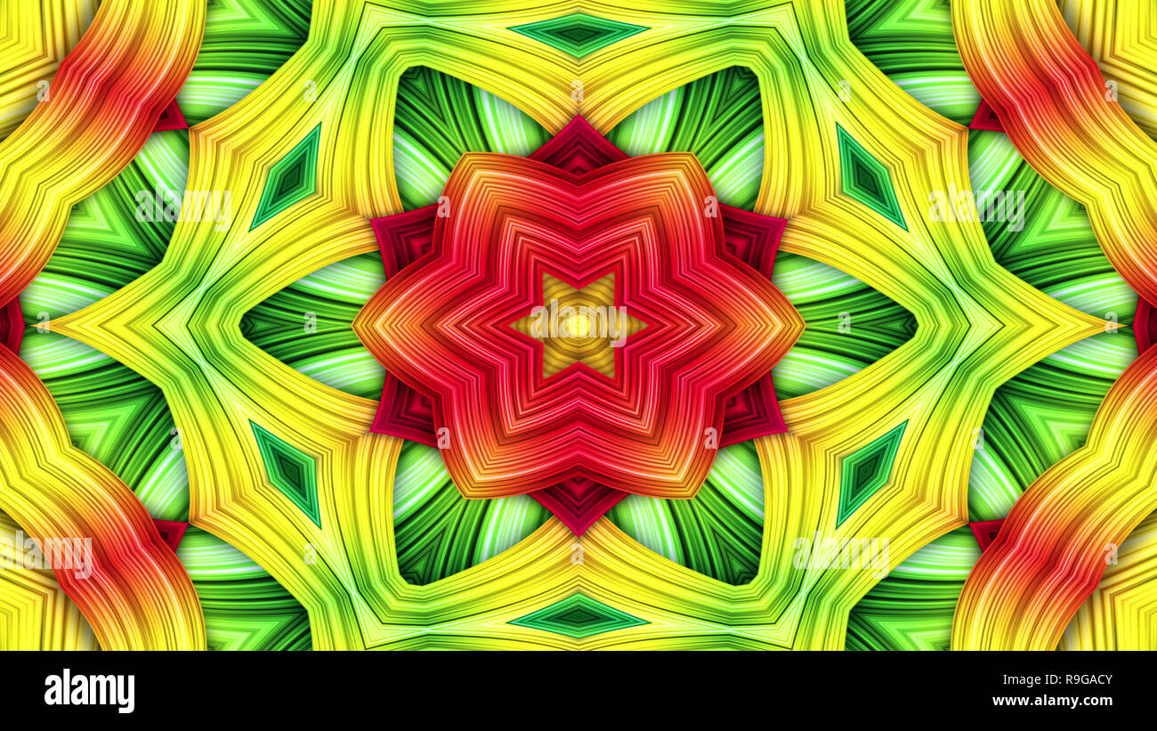 Abstrakte farbenfrohe Hypnotischen symmetrische Muster dekorative Dekorative Kaleidoskop Bewegung geometrischen Formen Kreis und Star Stockfoto