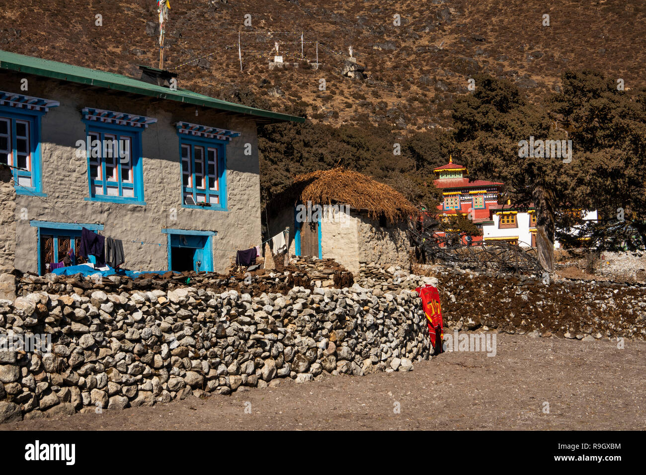 Nepal, Everest Base Camp Trek, Khumjung, traditionell erbaute Haus im Dorf auf der Straße zum Dorf Gompa Stockfoto