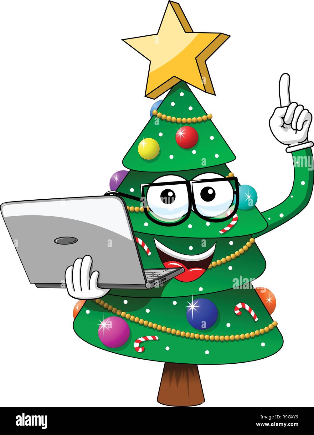 Weihnachten Weihnachtsbaum Maskottchen Charakter Nerd Brille Laptop Meisterlich Auf Weiss Isoliert Stock Vektorgrafik Alamy